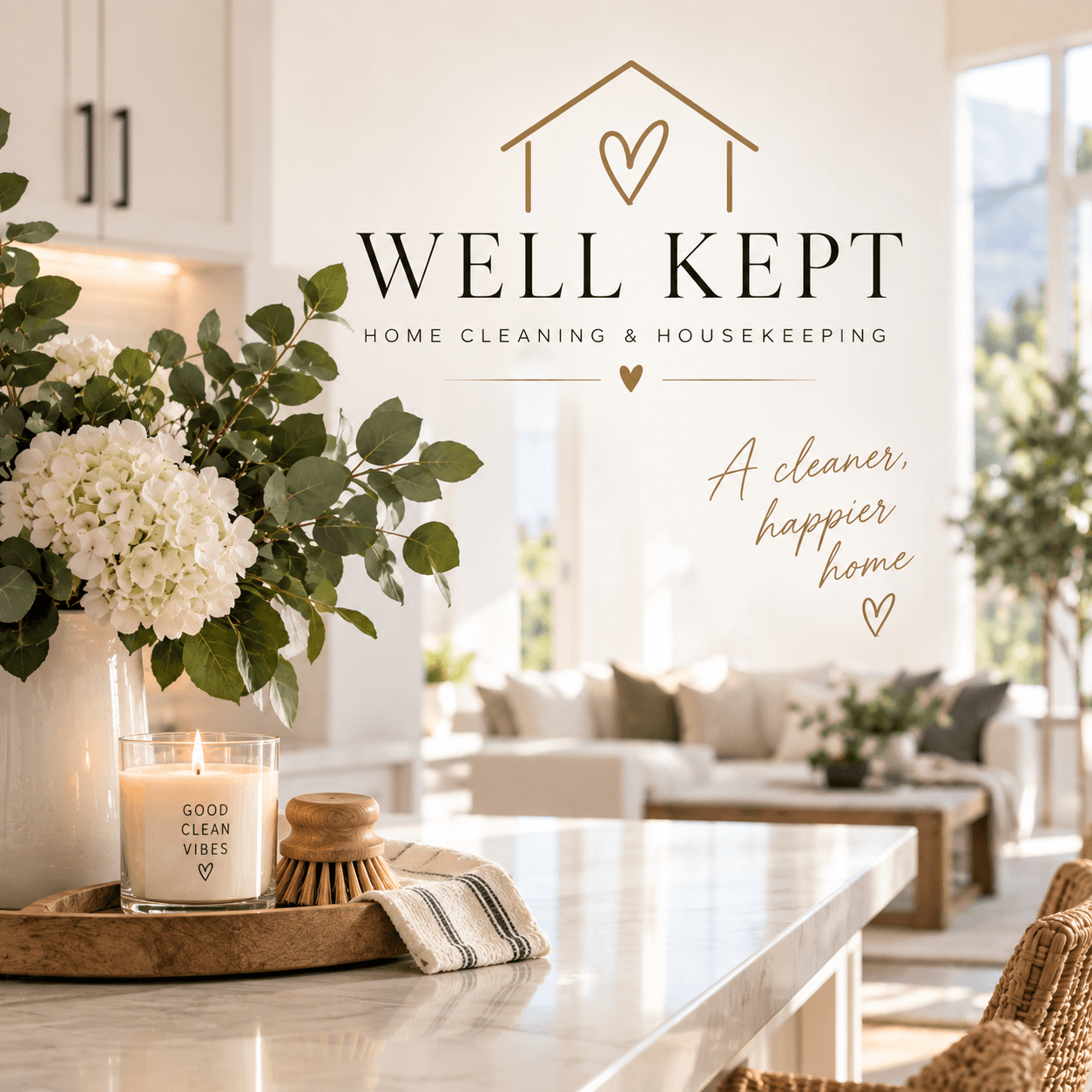 Well Kept home cleaning advertisement featuring a lit candle, white hydrangeas, and bright living space.
