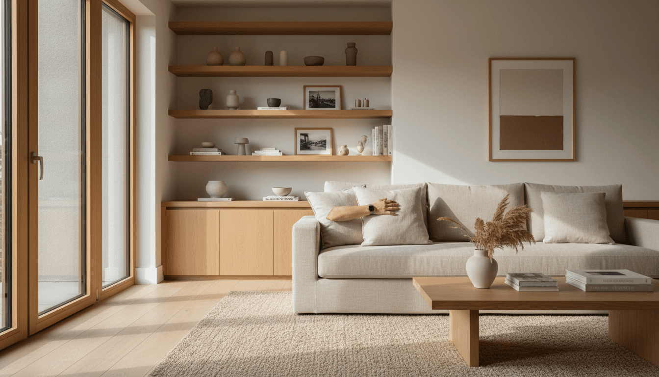 Bright cozy living room with soft natural light and peaceful atmosphere