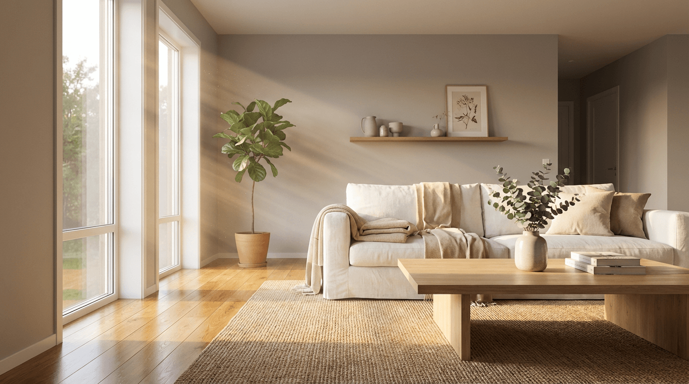 Bright cozy living room with soft natural light and clean surfaces
